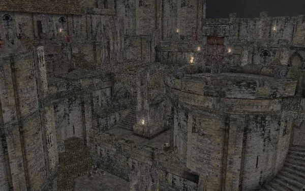 La muralla exterior: catapultas, y el cañón que abre la puerta