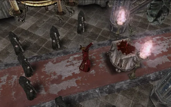El salón del ritual: zelotes y su líder de rojo ante el altar