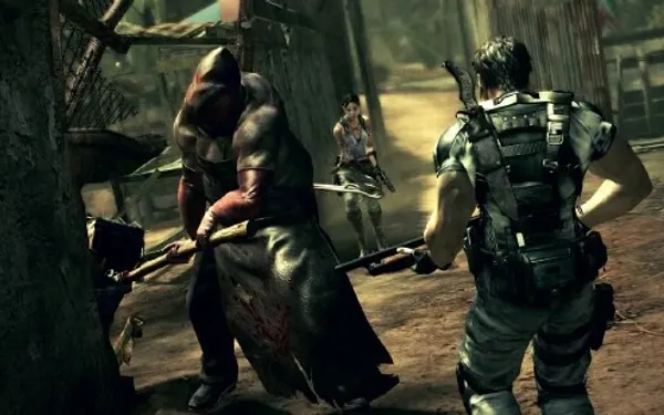 The Executioner Majini in the square: a grenade drops him to one knee for the melee; he drops the Gold Ring.