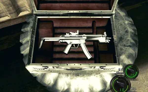 El maletín de la Storage Facility con la H&K MP5: dásela a Sheva, atraviesa a varios enemigos seguidos.