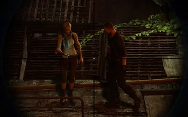En los palafitos cubres a Jake y Sherry con el Sniper Rifle.