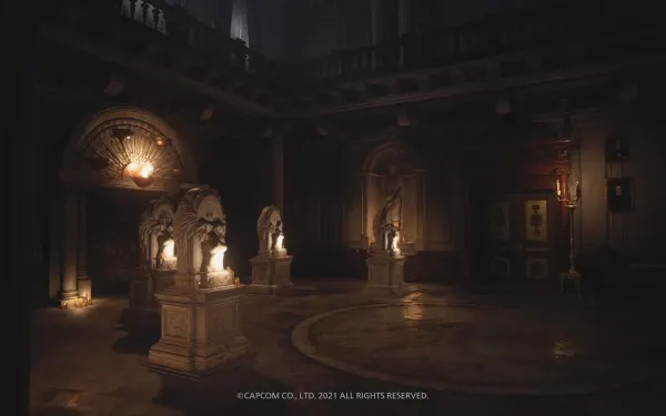 El Hall of the Four: las cuatro estatuas esperan las máscaras que abren el castillo.