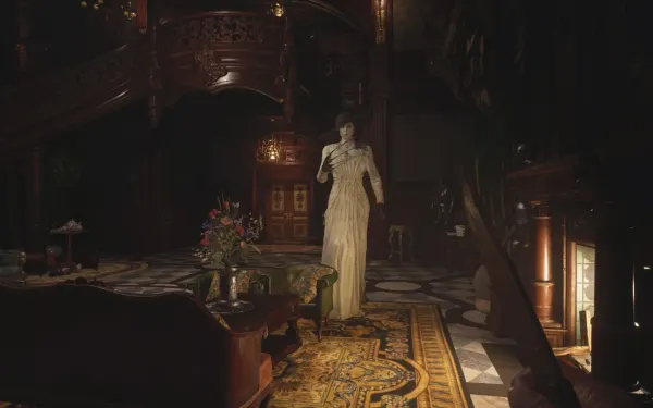 Lady Dimitrescu en el Main Hall: te acecha por los pasillos; no la enfrentes.