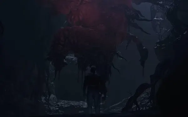 Chris ante el Megamycete, el hongo gigante bajo la aldea.