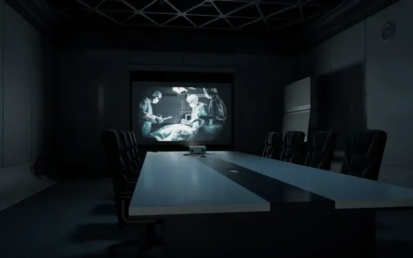 La sala de reuniones del laboratorio escondido, donde Chloe ve las diapositivas al final del flashback.